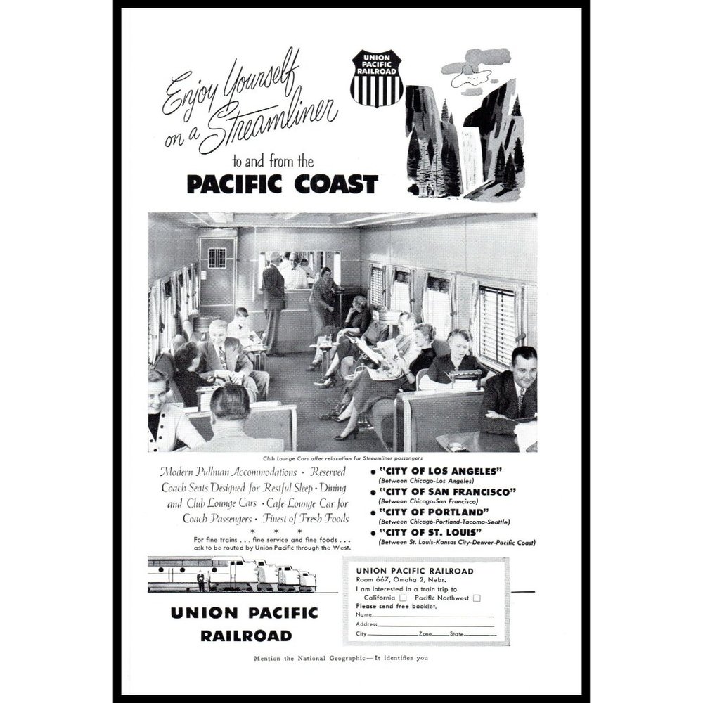 1953 Union Pacific Railroad Streamliner Club Lounge Car Vintage Print Ad Art